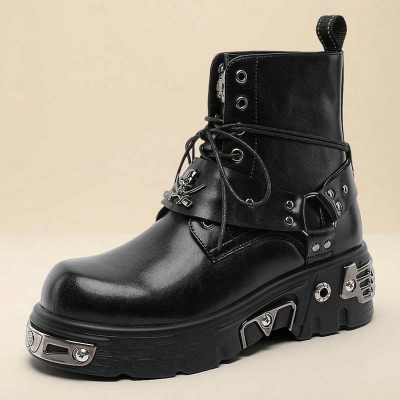 Men's Black Gothic Rivet Lace-Up Boots – Punk Rock Platform Ankle Boots for Halloween, Concerts & Streetwear