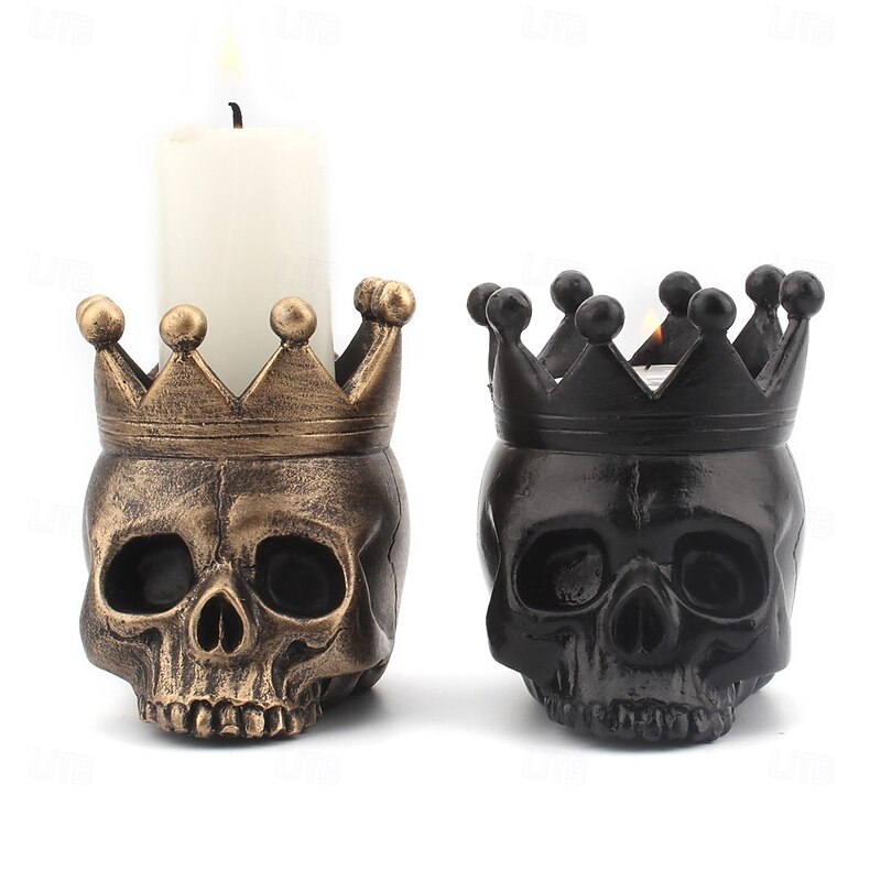 Halloween Resin Figurine Crown Skull Candle Holder Single Head Resin Base Spooky Gothic Decor Small Tabletop Ornament for Home Bar Halloween Party Decoration Display