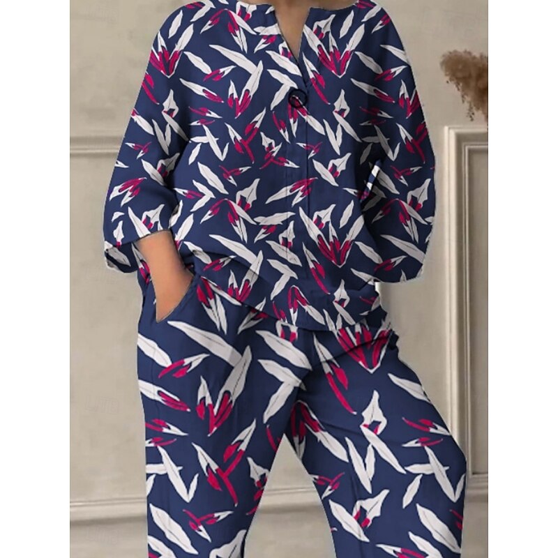 Women's Active Fashion Pants Sets Long Sleeve V Neck Graphic Print Vacation Daily Holiday Blue Summer Regular Fit2