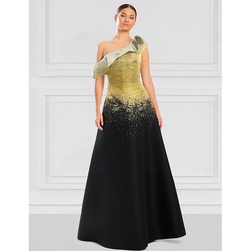 Black and Gold Ombre Jacquard A-Line Evening Gown Elegant Dress Formal Wedding Floor Length Sleeveless Off Shoulder with Ruffles