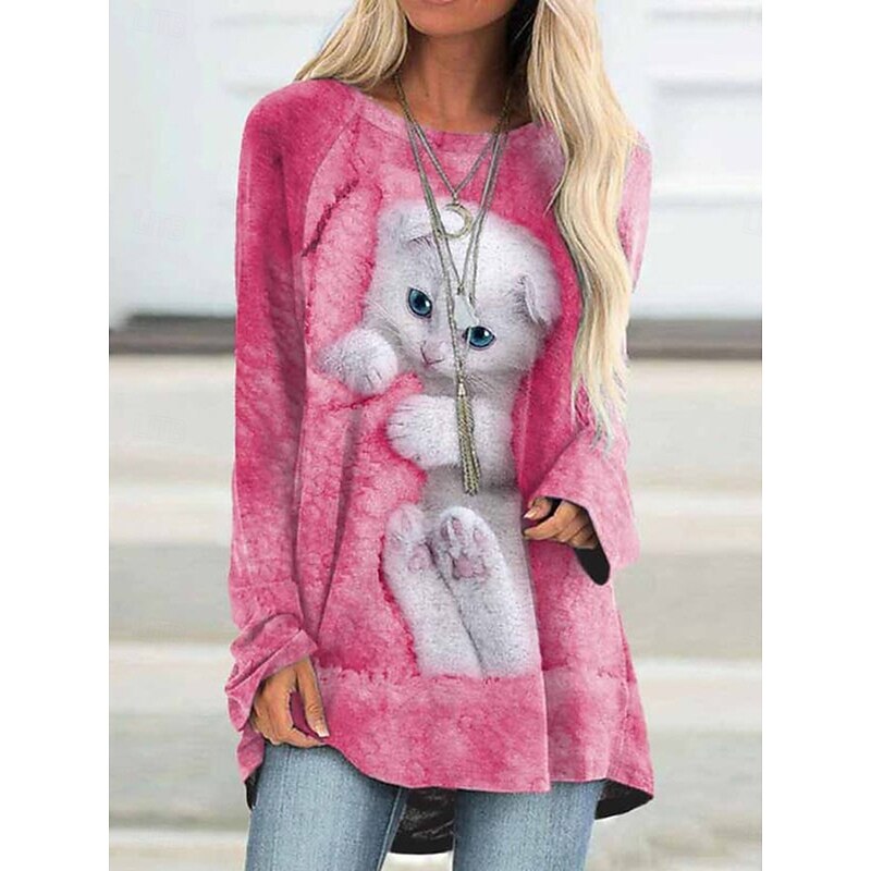 Women's T Shirt Graphic Animal Cat Vintage Cute Stylish Long Sleeve Crew Neck Round Neck Long Tops Daily Print White Pink Blue Spring Fall - Main Image