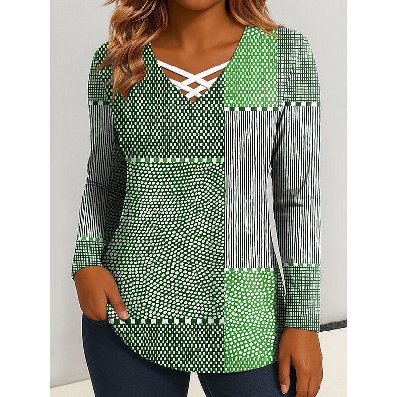 Women's T Shirt Graphic Geometric Vintage Stylish Classic Long Sleeve V Neck Regular Tops Daily Cut Out Print Blue Purple Green Spring Fall3