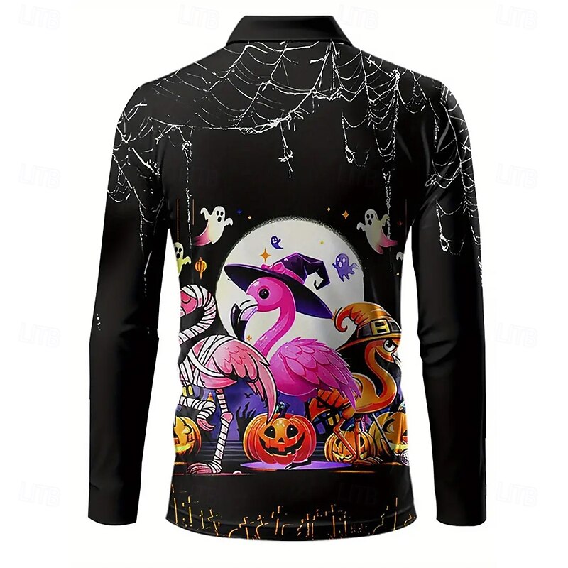 Halloween Men's Pumpkin Ghost Polo Long Sleeve Polo Shirts Lapel Casual Horror Dark Outdoor Daily Wear Festival Outfit 3D Print Buttons Spring Fall Winter Black3