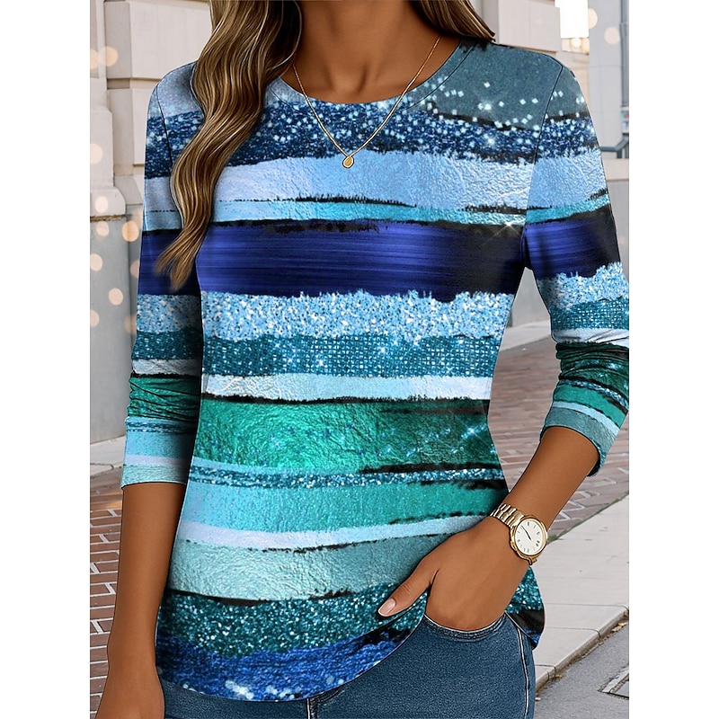 Women's T shirt Crew Neck Long Sleeve Tunic Graphic Geometric Vintage Stylish Classic  Round Neck Regular Tops Daily Print Blue Purple Green Fall3