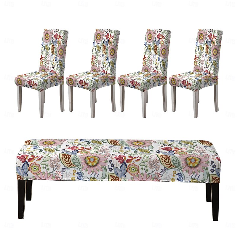 Printed Dining Chair Covers and Bench Covers Sets suitable for dining chairs includes 5 pieces 4 chair covers and 1 bench cover2