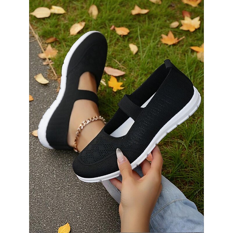 Women's Flyknit Mary Jane Sneakers – Lightweight Elastic Strap Walking Shoes for Travel, Gym and Weekend Wear
