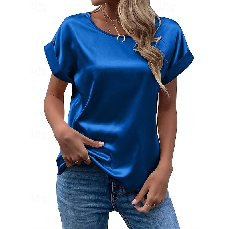 Women's T Shirt Tee Satin Top Plain Fashion Modern Short Sleeve Crew Neck Regular Tops Daily Going out Weekend Black White Pink Blue Purple Summer4