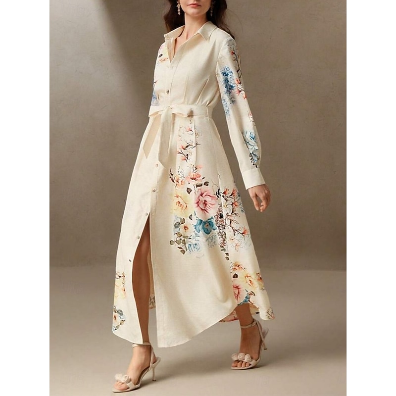 Women's Long Dress Maxi Dress Shirt Dress Casual Dress Fashion Modern Daily Beach Weekend Regular Fit Floral Long Sleeve Shirt Collar White Summer3