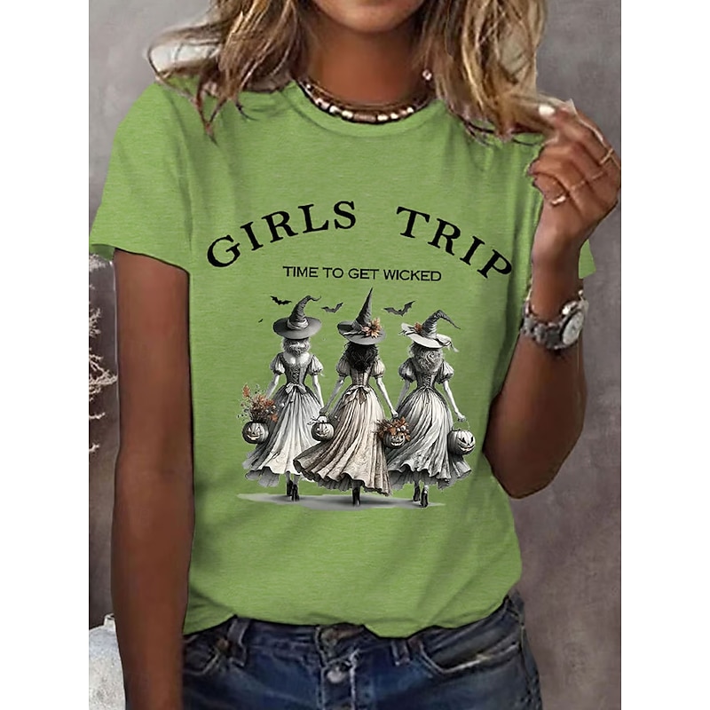 Halloween Women's T shirt Witch Graphic Letter Vintage Stylish Classic Short Sleeve Crew Neck Regular Tops Daily Print White Purple Orange Green Summer Spring Fall