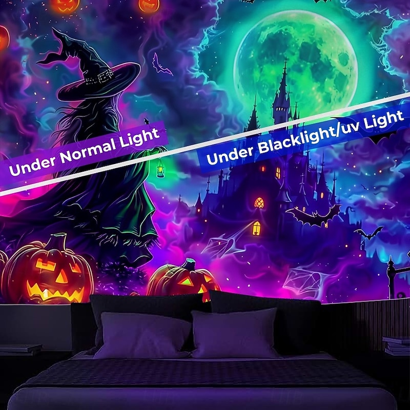 Halloween Blacklight Wall Tapestry – UV Reactive Glowing Moon over Haunted Forest Neon Colors Spooky Night Scene, Glow in the Dark Gothic Wall Hanging for 2025 Halloween Home and Party Decoration3