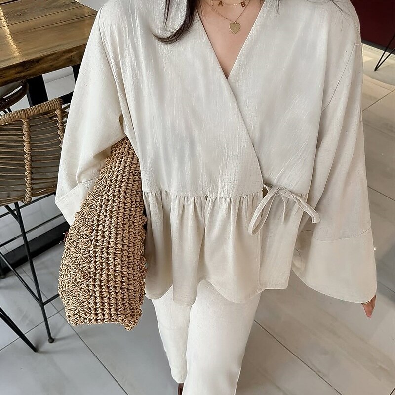 Women's Elegant Bohemia Vacation Pants Sets Long Sleeve Bell Sleeve V Neck Solid Color Lace up Ruched Ruffle Outdoor Vacation Party off white Pink khaki Summer Loose Fit3