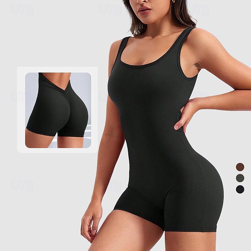Women's Scrunch Yoga Romper Workout Jumpsuits Backless Solid Color Bodysuit Black Burgundy Gym Workout Volleyball Running High Waist Stretchy Breathable Tummy Control Sport Activewear Tight Fit