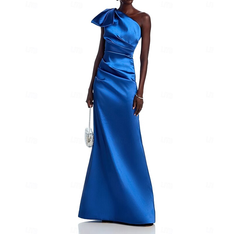 Black Tie Mermaid / Trumpet Evening Gown Glossy Elegant Dress Formal Wedding Floor Length Sleeveless One Shoulder Satin with Bow(s) Pleats Ruched3