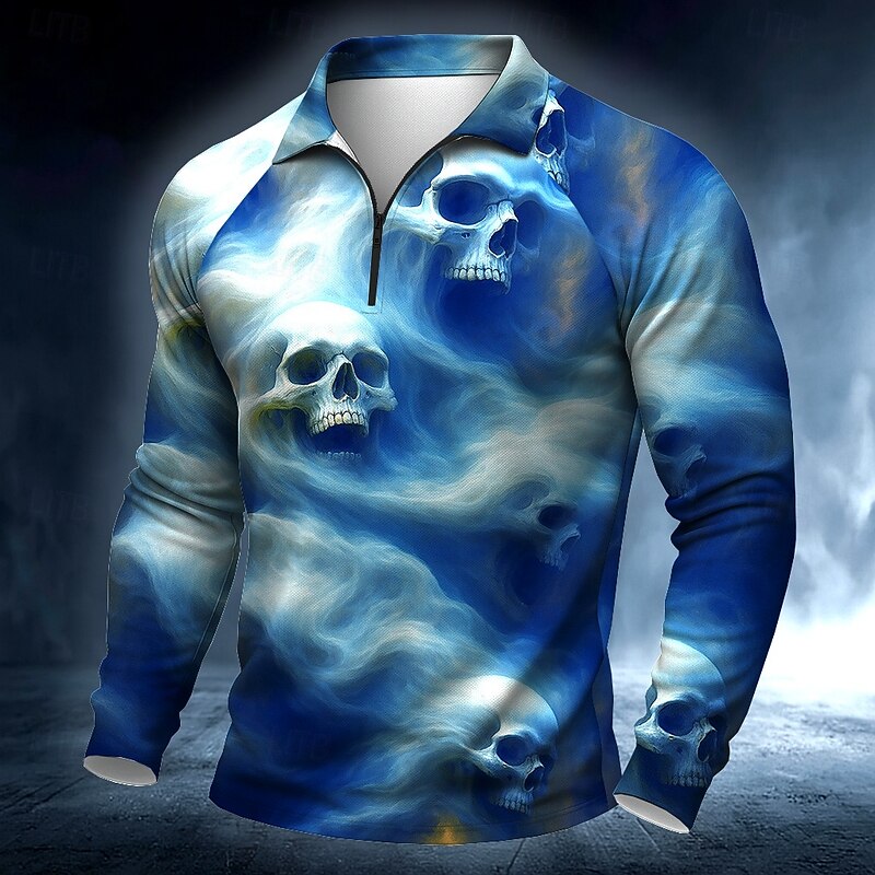 Day of the Dead Men's Skull Skulls Polo Long Sleeve Polo Shirts Casual Dark Outdoor Street Daily Wear 3D Print Quarter Zip Polo Spring Fall Winter Blue Brown Green3