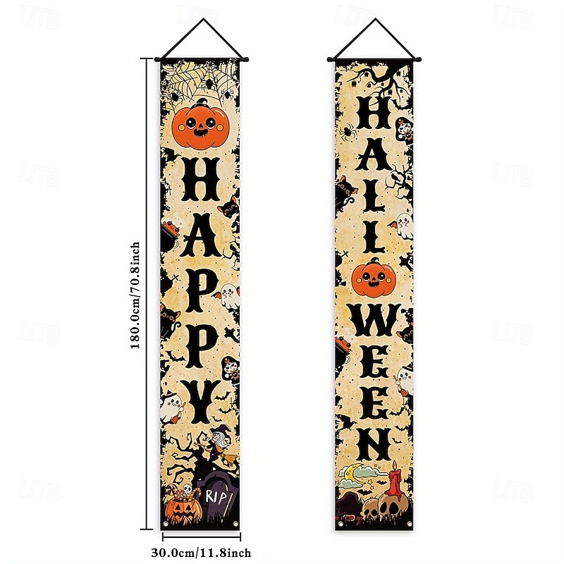 1 Pair Happy Halloween Porch Decoration Banner Polyester Trick or Treat Halloween Night Party for Home Front Door Yard Farmhouse Garden Outdoor Indoor Welcome Sign3