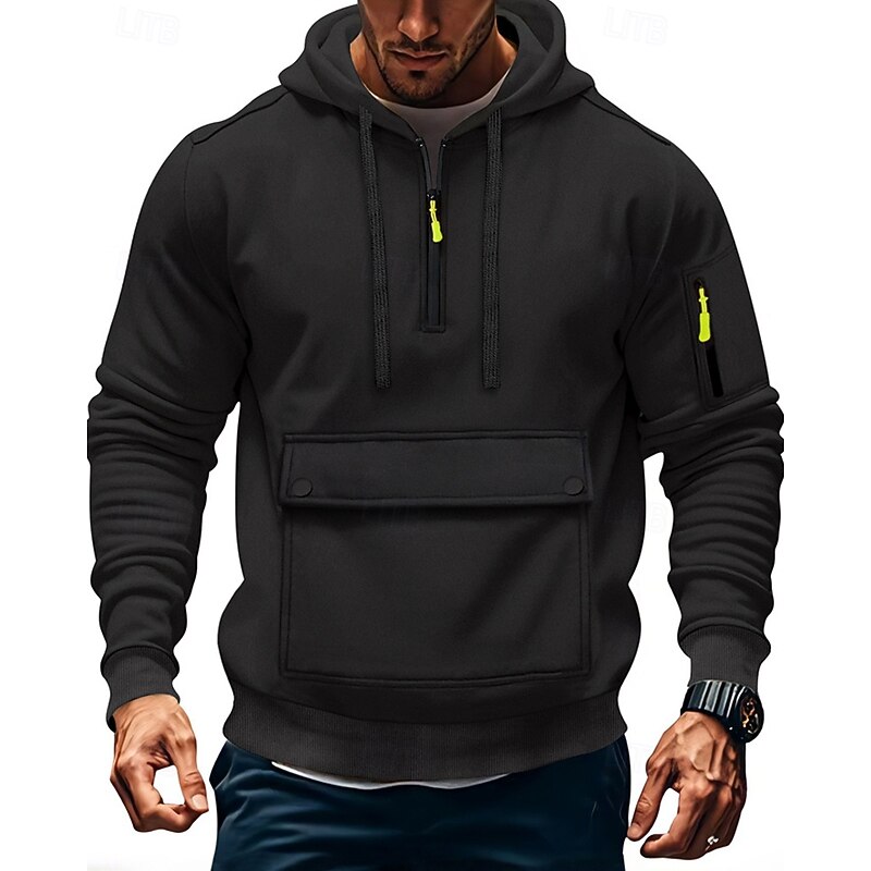 Men's Hoodie Quarter Zip Hoodie Black Navy Blue Khaki Light Grey Dark Gray Hooded Plain Pocket Quarter Zip Sports & Outdoor Daily Holiday Polyester Streetwear Basic Casual Spring Fall Clothing Apparel3