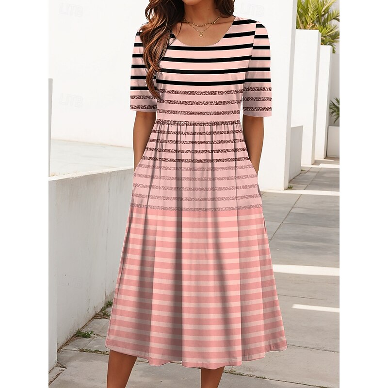 Women's Midi Dress Summer Dress Pleated Dress Vacation Casual Holiday Regular Fit Graphic Geometric Striped Half Sleeve Crew Neck Pink Blue Purple Summer Spring