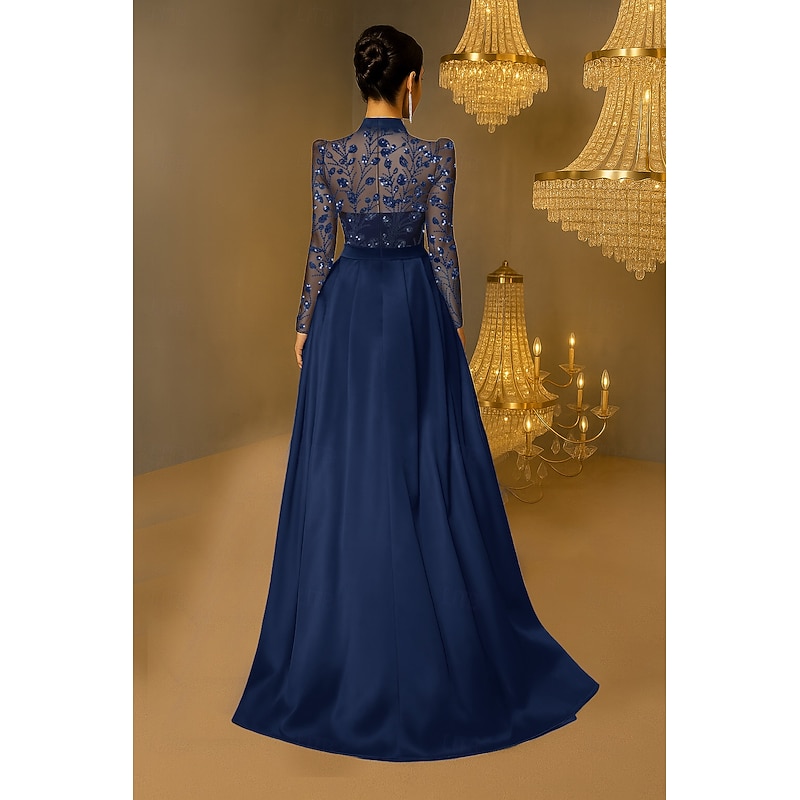 Jumpsuit / Pantsuit Beaeded Lace Applique Mother of the Bride Jumpsuit Elegant Wedding Guest Minimalist Casual Mock Neck Floor Length Lace Stretch Satin Long Sleeve3