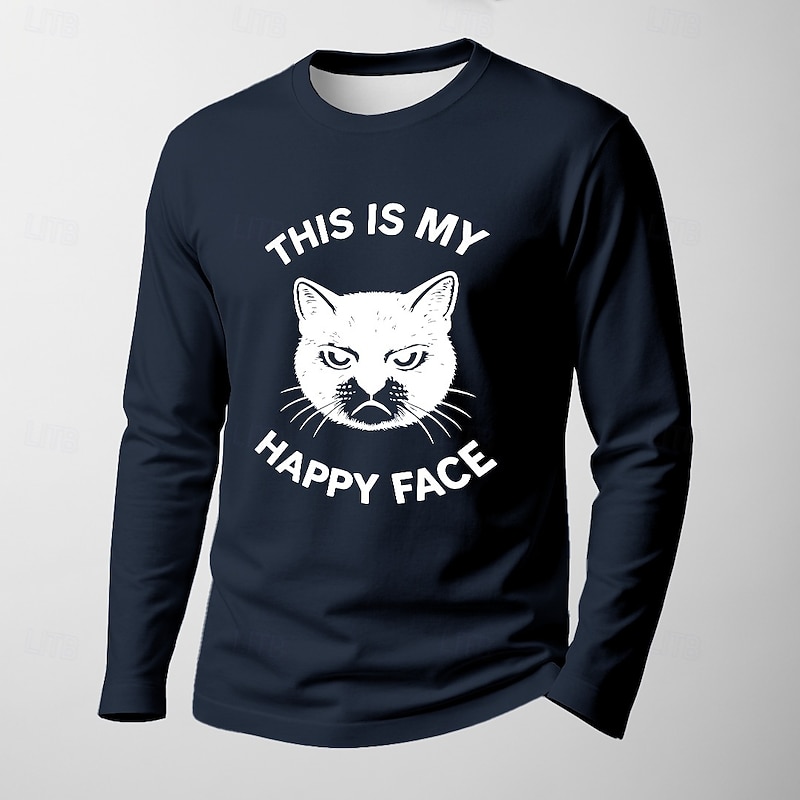 Men's Long Sleeve Graphic Tee - Grumpy Cat 'This Is My Happy Face' Funny Sarcastic Shirt2