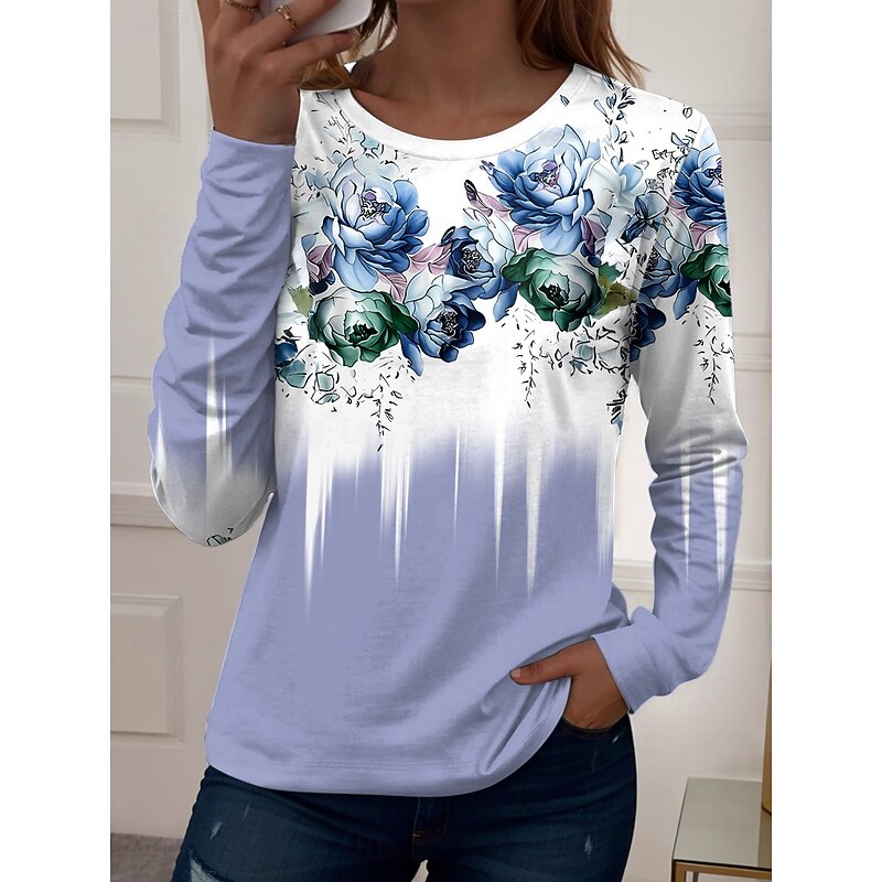 Women's T shirt Long Sleeve Crew Neck Long Sleeve Tunic Graphic Geometric Vintage Casual Regular Tops Daily Print Yellow Blue Purple Green Spring Fall Prefall4
