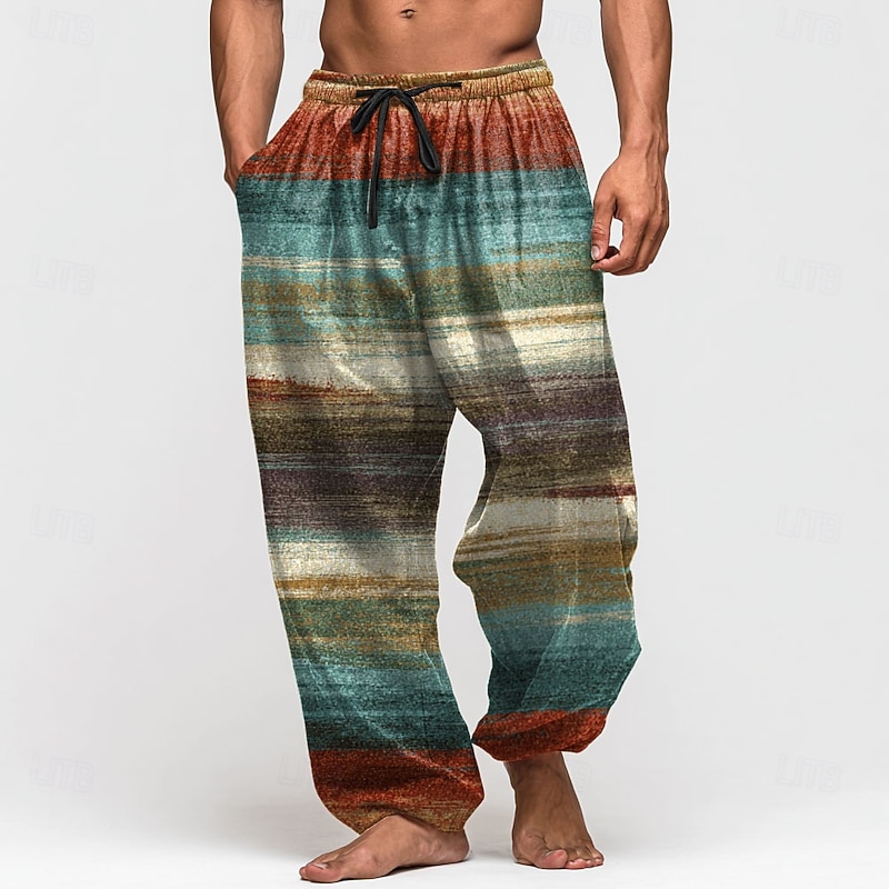 Men's Color Block Striped Trousers Baggy Pants Casual Pants Mid Waist Retro Vintage Outdoor Vacation Elastic Drawstring Waist Linen-Like Pants with Pockets Summer Spring Fall 3D Print Blue Brown Green - Main Image