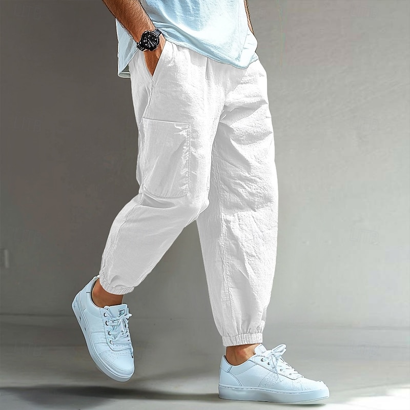 Men's Cargo Pants Linen Pants Trousers Shorts Summer Pants Elastic Cuff Plain Comfort Breathable Full Length Casual Daily Holiday Vacation Fashion Black White Inelastic
