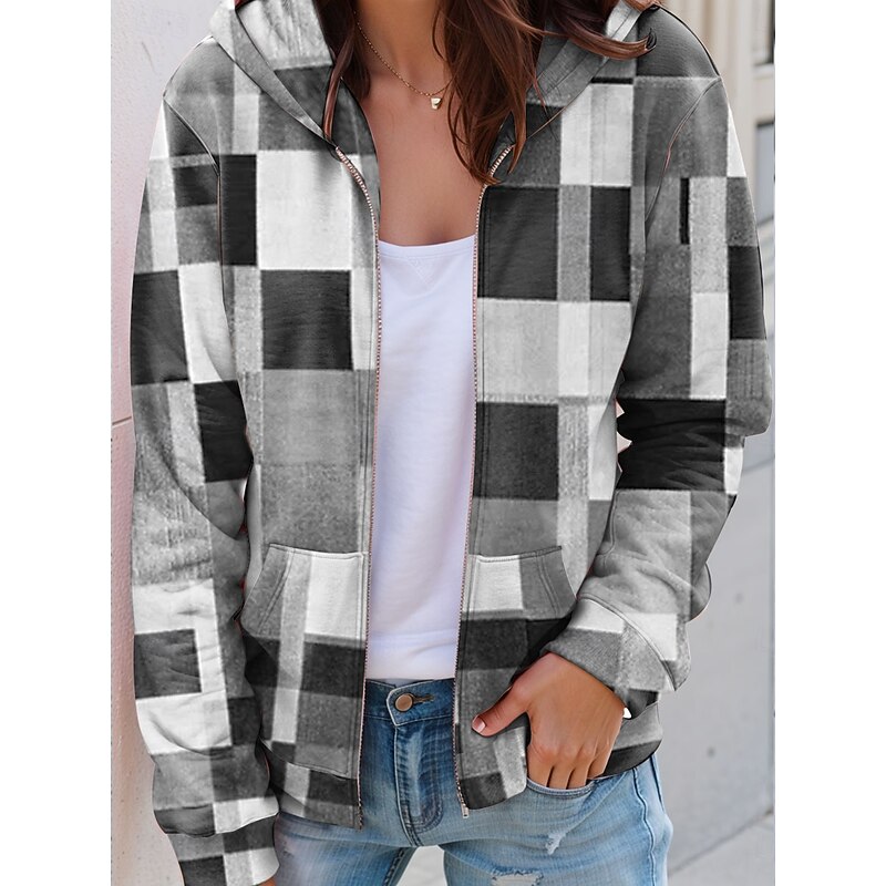 Women's Hooded Sweatshirt Jacket Long Sleeve Zip Up Hoodie With Pocket Lightweight Casual Micro-elastic Graphic Plaid Fashion Street Dailywear Pocket Print White Blue Purple Orange Green Spring Fall3