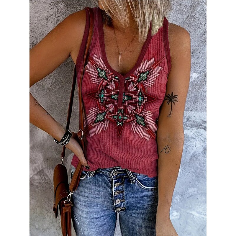 Women's Camisole Tank Top Graphic Geometric Abstract Bohemia Vintage Stylish Sleeveless V Neck Regular Tops Daily Print Red Blue Khaki Summer Spring3