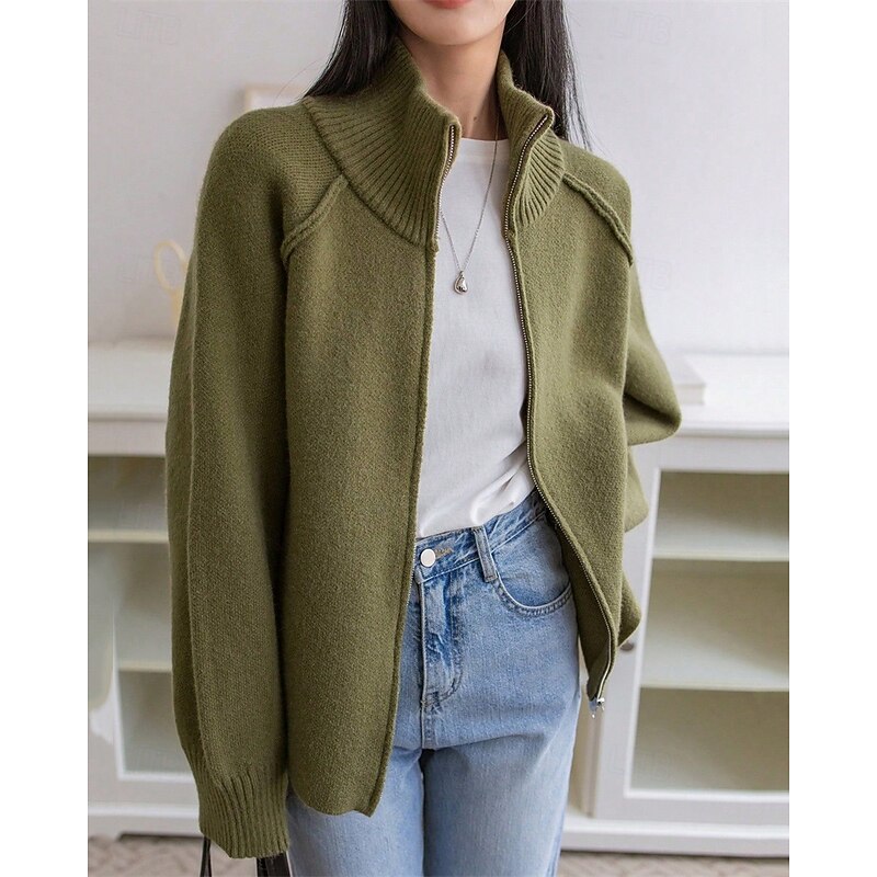Women's Sweater Cardigan Fashion Streetwear Daily Solid Color Ribbed Turtleneck Zipper Knitted Long Sleeve Long Tops Knit Holiday Going out Weekend Navy Blue Green Fall Winter