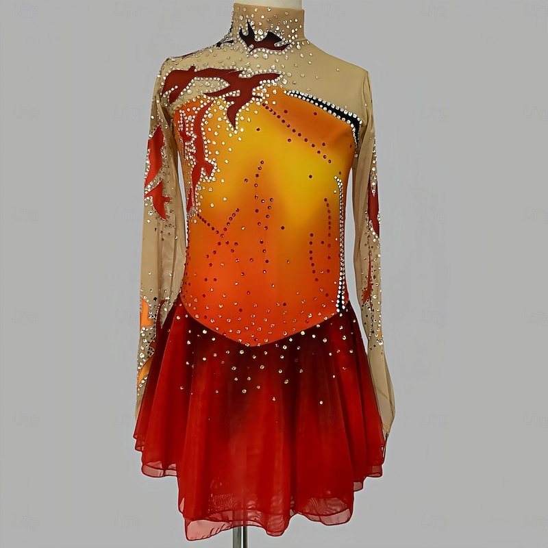 Figure Skating Dress Women's Girls' Ice Skating Dress Red Yellow Thumbhole Halo Dyeing Mesh Spandex Stretchy Training Practice Professional Skating Wear Thermal Warm Classic Crystal / Rhinestone Long