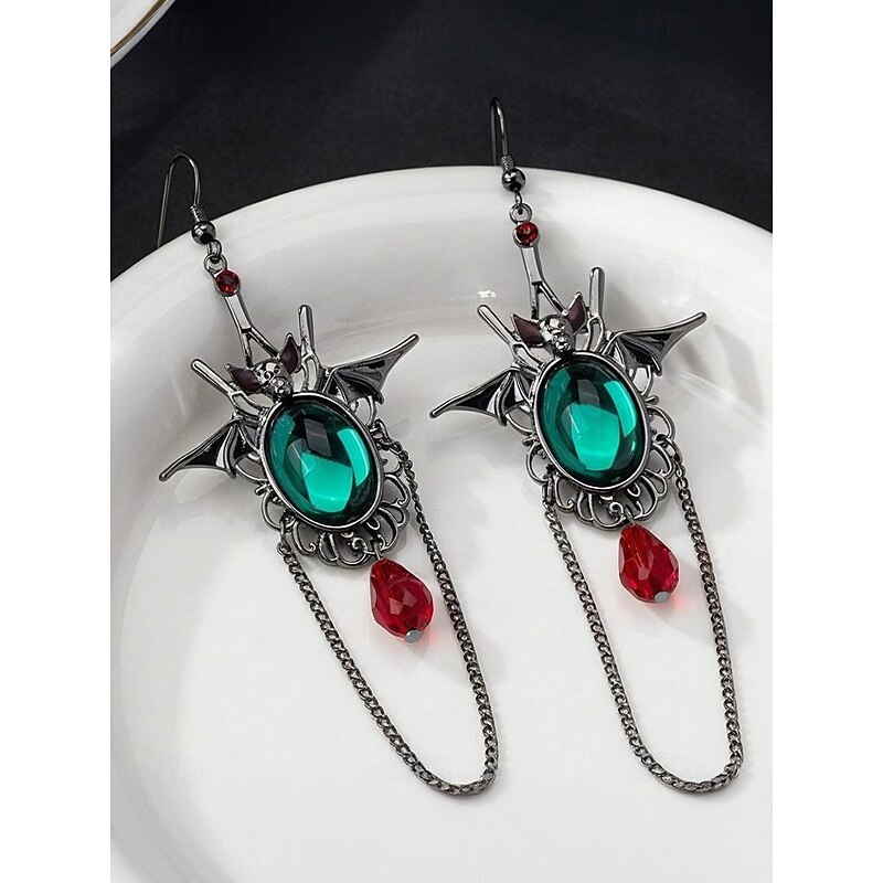 Women's Halloween Bat Drop Earrings with Green Gemstone and Red Teardrop, Gothic Vampire Style Jewelry for Costume Party and Cosplay2