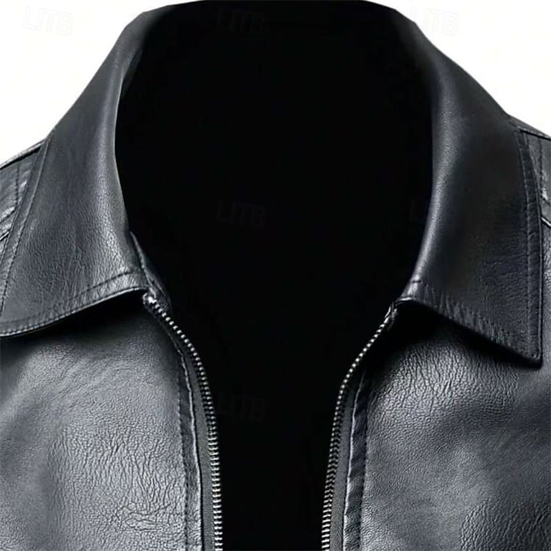 Men's Faux Leather Jacket Biker Jacket Motorcycle Jacket Vacation Daily Windproof Warm Pocket Fall Winter Plain Fashion Classic Lapel Regular Black Jacket3