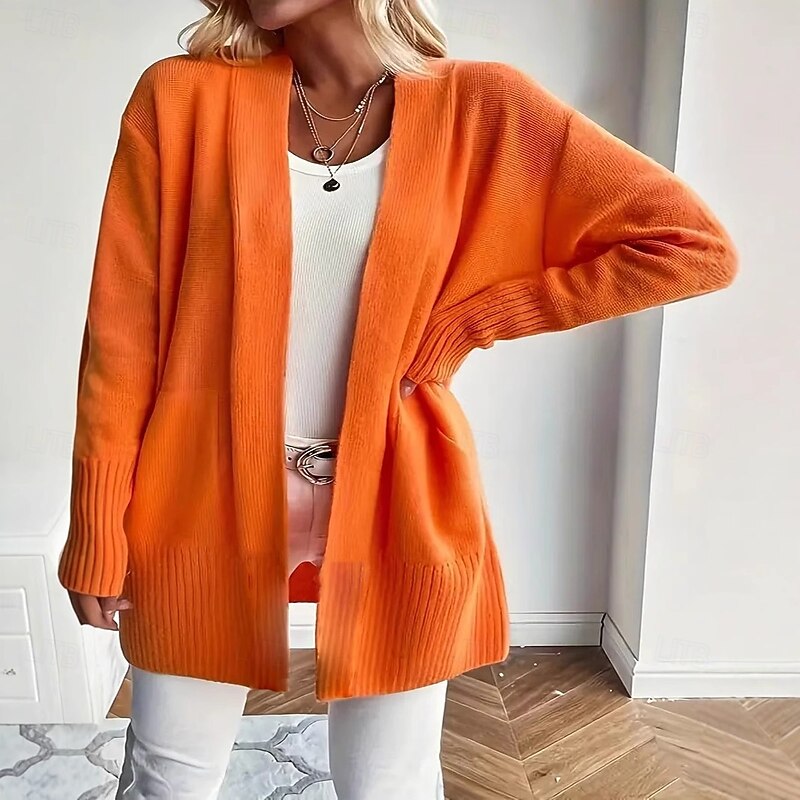 Women's Winter Coat Comfortable Breathable Pocket Fashion Daily Plain Outdoor Casual Daily Open Front Regular Collarless Regular Fit Long Sleeve Outerwear Orange Spring Fall