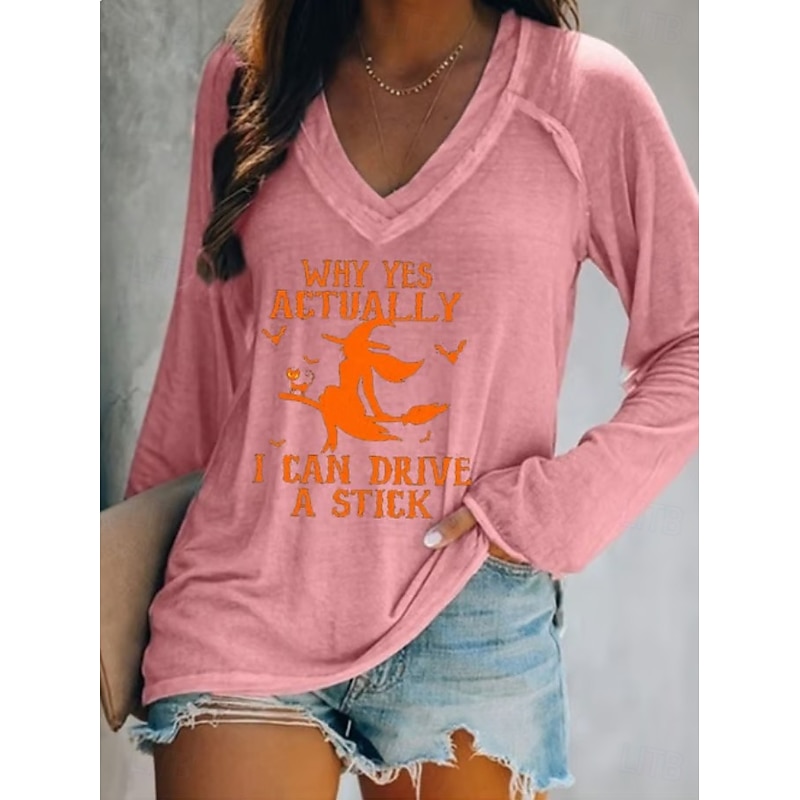 Halloween Women's T shirt Witch Long Sleeve V Neck Long Sleeve Graphic Casual Letter Vintage Stylish Western Tops Daily Weekend Vacation Wear Print Black White Pink Navy Blue Blue Spring Fall Prefall4