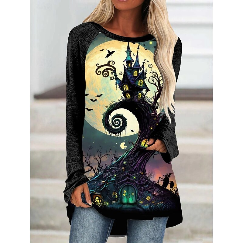 Halloween Women's T Shirt Castle Graphic Ghost Vintage Stylish Classic Long Sleeve Crew Neck Round Neck Long Tops Daily Print Black Yellow Green Spring Fall