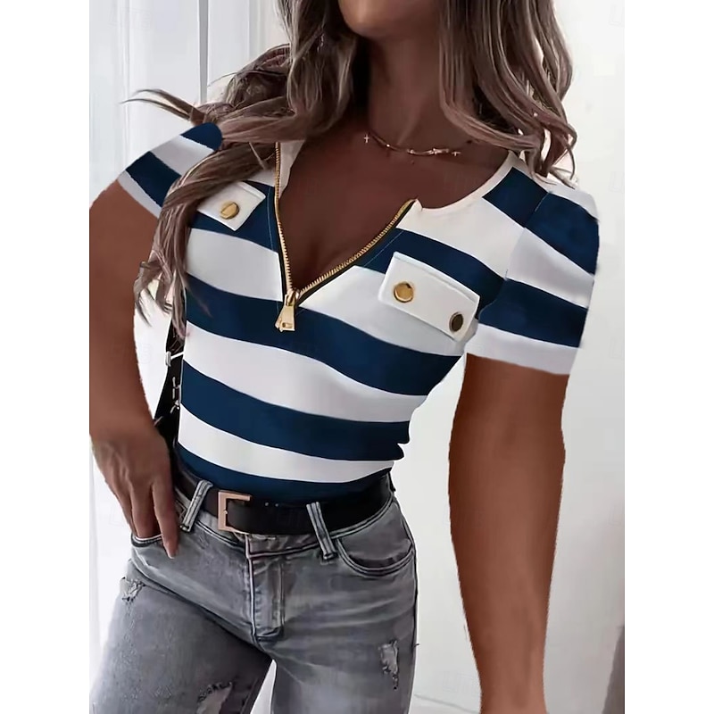 Women's T Shirt Striped Fashion Stylish Modern Short Sleeve V Neck Regular Tops Daily Weekend Zipper Pocket Print Black Wine Army Green Blue Summer
