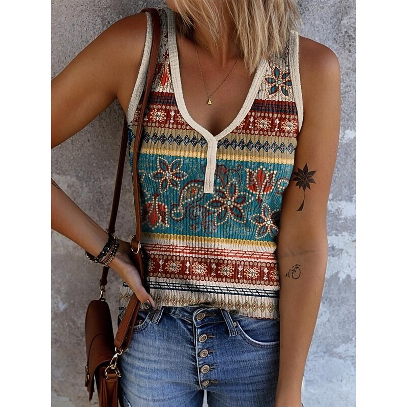 Women's Camisole Tank Top Graphic Geometric Vintage Stylish Ethnic Sleeveless V Neck Regular Tops Daily Print Sage Green Light Brown Orange Green Khaki Summer Spring2