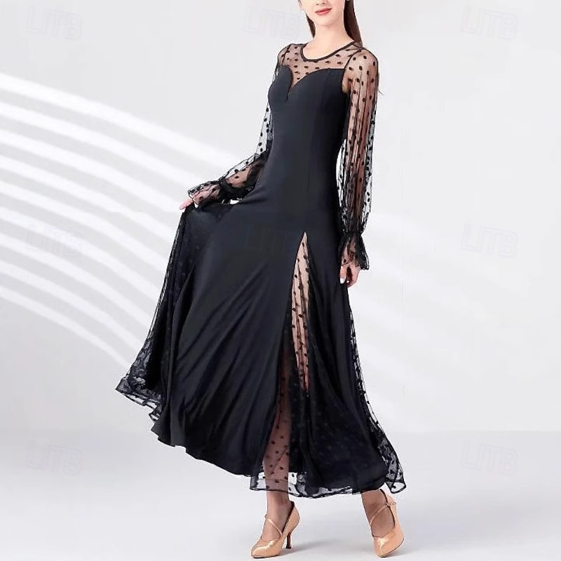 Women's Maxi Dress Sheath Dress Tulle Dress Elegant Wedding Vacation Party Regular Fit Polka Dot Long Sleeve Crew Neck Black Summer Spring Fall Winter - Main Image