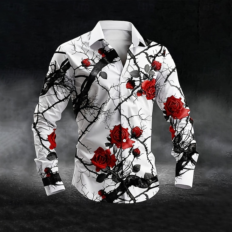Men's Floral Print Halloween Costumes Day of the Dead Shirt Button Up Shirt Long Sleeve Dark Gothic Style Holiday Streetwear Summer Spring Turndown 3D Print Collared Shirts White
