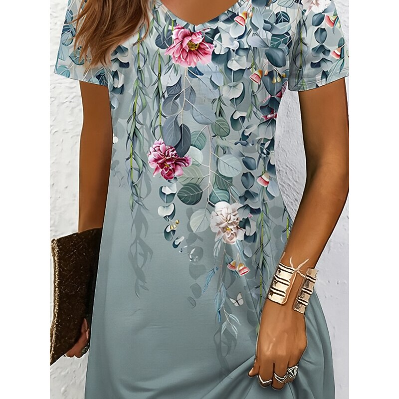 Women's Mini Dress Casual Dress T Shirt Dress Tee Dress Sundress A Line Dress Vacation Casual Boho Beach Regular Fit Ombre Floral Graphic Short Sleeve V Neck Black And White Yellow Red Blue Summer3