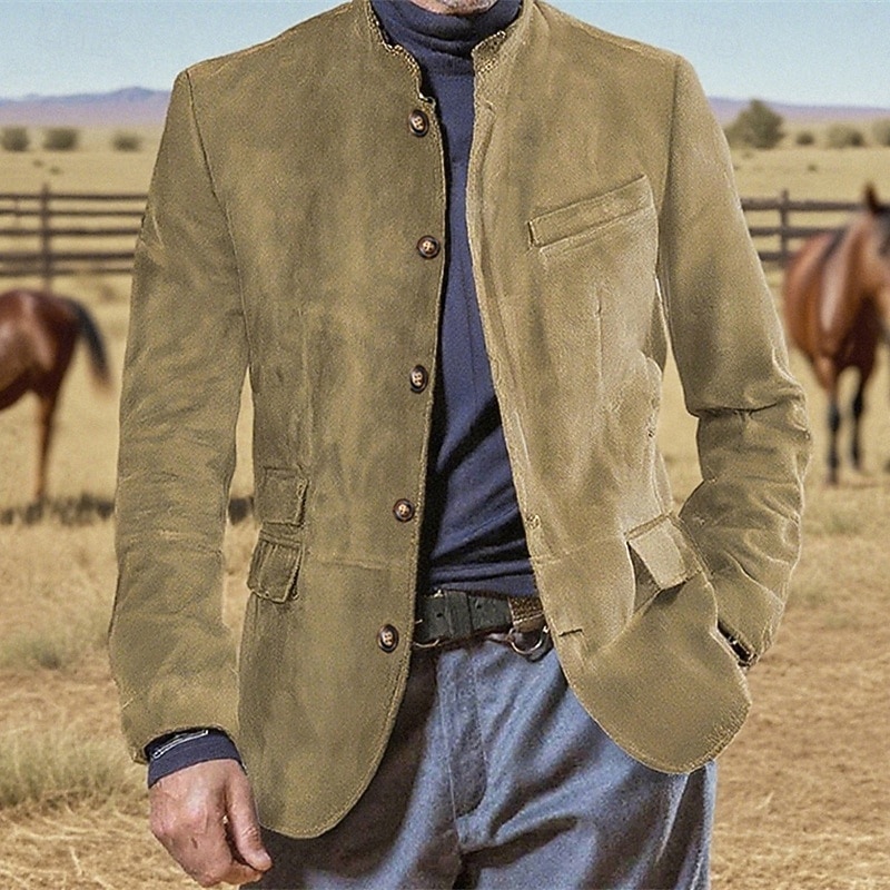 Men's Faux Suede Jacket Vacation Daily Windproof Warm Pocket Fall Winter Plain Fashion Classic Stand Collar Regular Light Khaki Black Blue Khaki Army Green Jacket