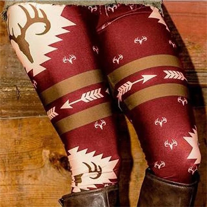 Women's Pants Trousers Leggings Cozy Leggings Casual Boho Full Length High Waist Deer Elastic Waist Print Breathability Comfortable Stretchy Vacation Street Daily Wear Black Red Blue Spring Fall2