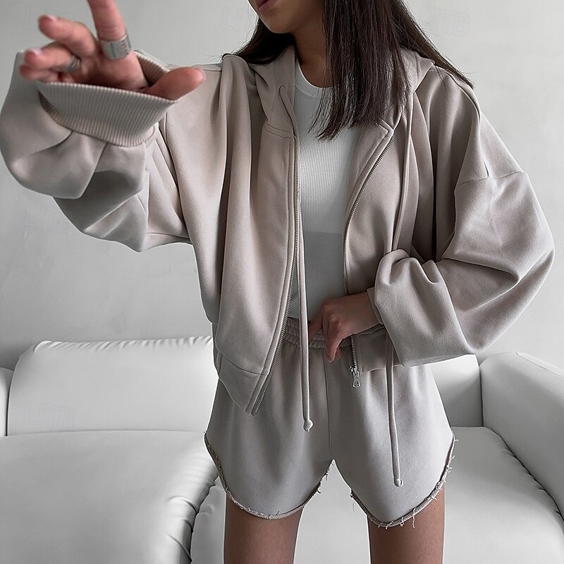 Women's Tracksuit Zip Up Hoodie Short Sweatpant Drawstring Pocket Solid Colored Clothing Suit Spring Black Army Green Gym Training Running High Waist Windproof Lightweight Moisture Wicking Long Sleeve2