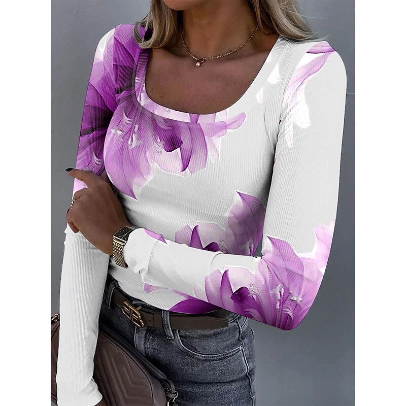 Women's T Shirt Ribbed Graphic Square Neck Long Sleeve Casual Floral Vintage Stylish Classic Regular Tops Daily Print Blue Purple Green Summer Spring Fall