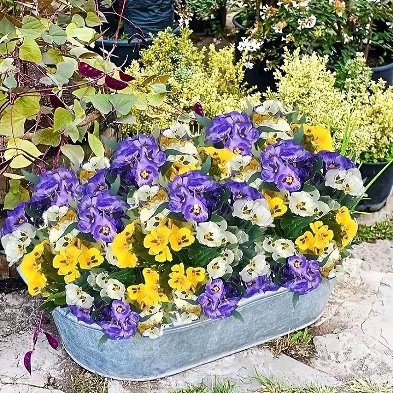 6 Bundles Artificial Pansy Flowers for Outdoor Indoor Use, Weather Resistant Fake Plastic Plants for Garden, Home Decor, White Purple Yellow3