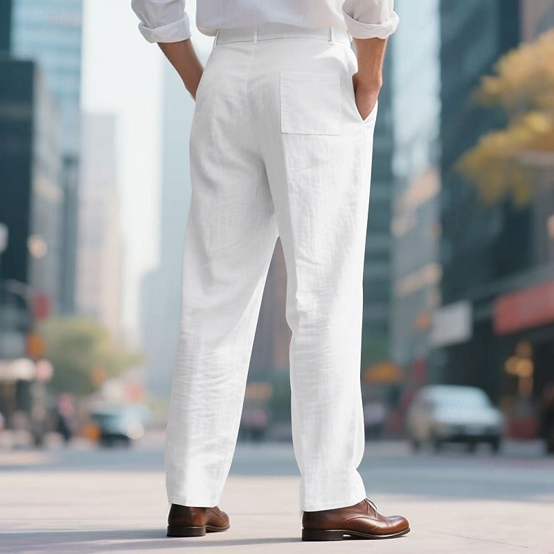 Men's Linen Pants Trousers Summer Pants Pleats Straight Leg Plain Comfort Breathable Full Length Business Daily Vacation Fashion Black White Inelastic2