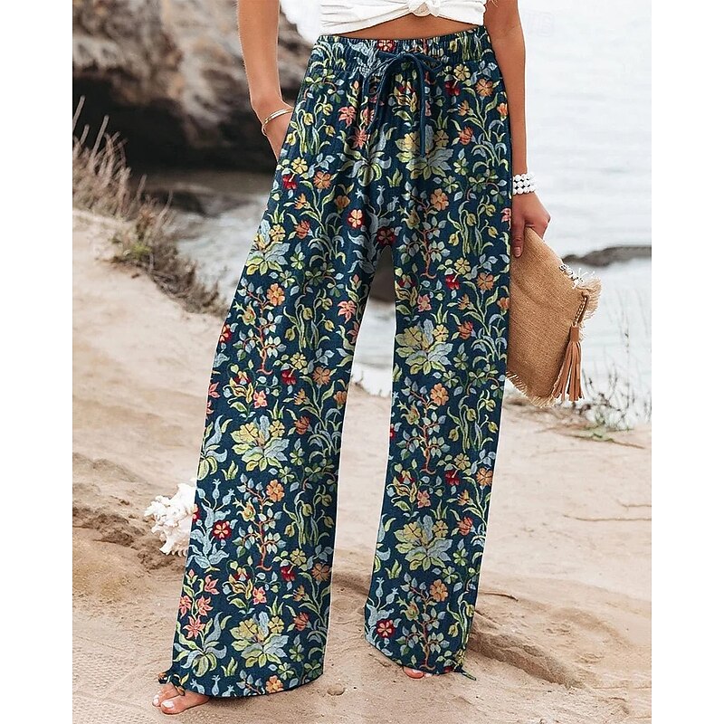 Women's Wide Leg Pants Trousers Palazzo Pants Fashion Boho Full Length High Waist Flower Elastic Waist Drawstring Print Breathability Comfortable Street Daily Wear Going out Dark Blue Spring Fall