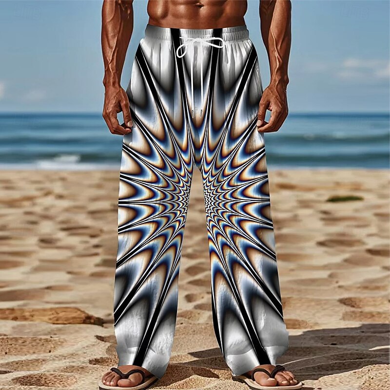 Men's Optical Illusion Dizzy Geometic Trousers Baggy Pants Casual Pants Mid Waist Fashion Casual Outdoor Vacation Elastic Drawstring Waist Linen-Like Pants with Pockets Summer Spring 3D Print Gray2