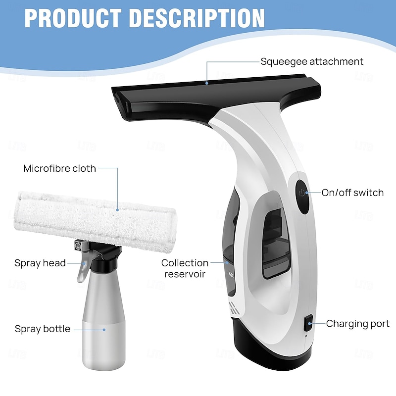 Window Vacuum, Cordless Window Cleaner, Rechargeable Condensation Vacuum Cleaner with Spray/Cleans/Suctions Water for Windows, Tiles, Glass, Mirrors, and Countertops2