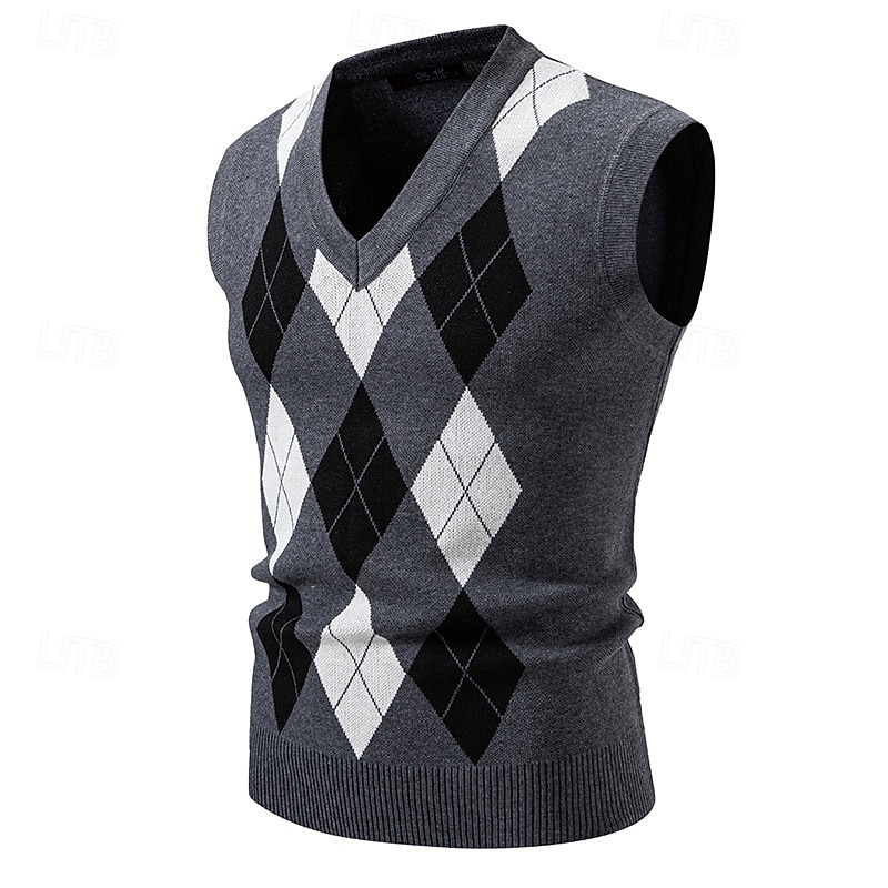 Men's Sweater Sweater Vest Pullover Sweater Jumper Ribbed Knit Regular Tops Knitted Slim Fit Argyle V Neck Knitwear Vintage Casual Daily Wear Clothing Apparel Fall Black Navy Blue M L XL3
